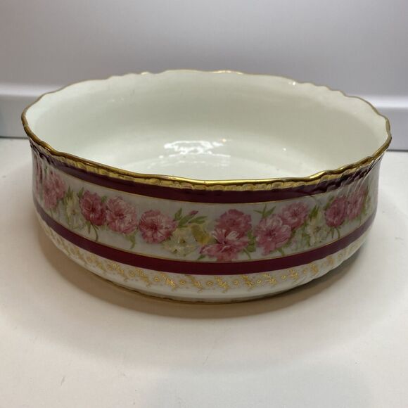 Antique JPL Limoges France Hand Painted Serving Bowl Pink Flowers Gold 9” - Picture 1 of 10